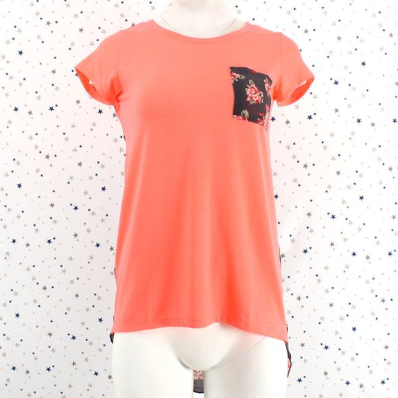 Floral Print Back Top Tee Neon Coral - Picture 2 of 7